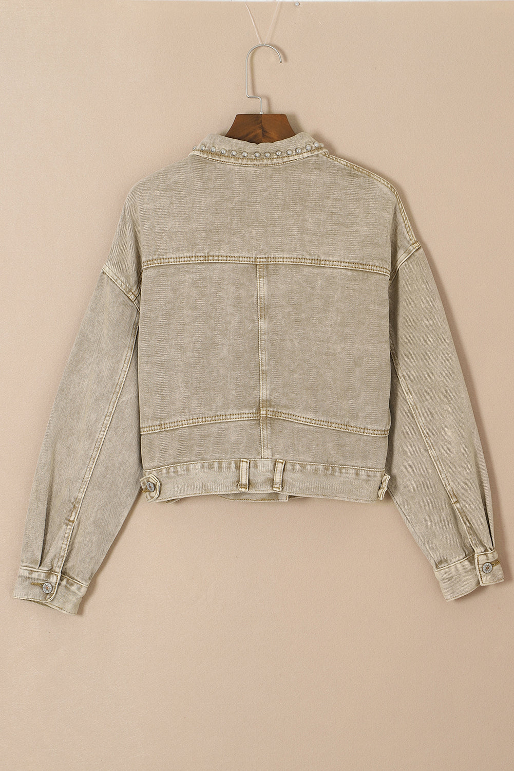 Light French Beige Rivet Studded Pocketed Denim Jacket