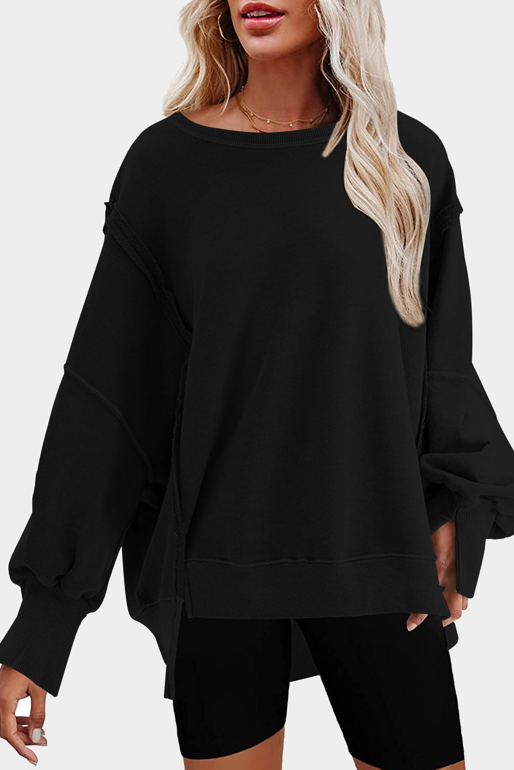 Rose Exposed Seam Drop Shoulder Slit High Low Hem Sweatshirt