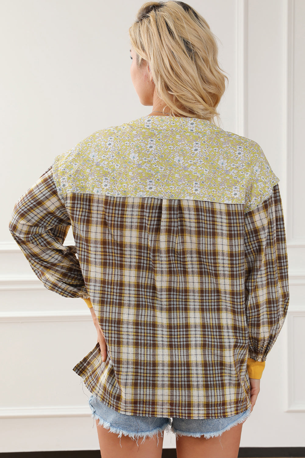 Yellow Floral Plaid Mixed Print Bishop Sleeve Patchwork Top