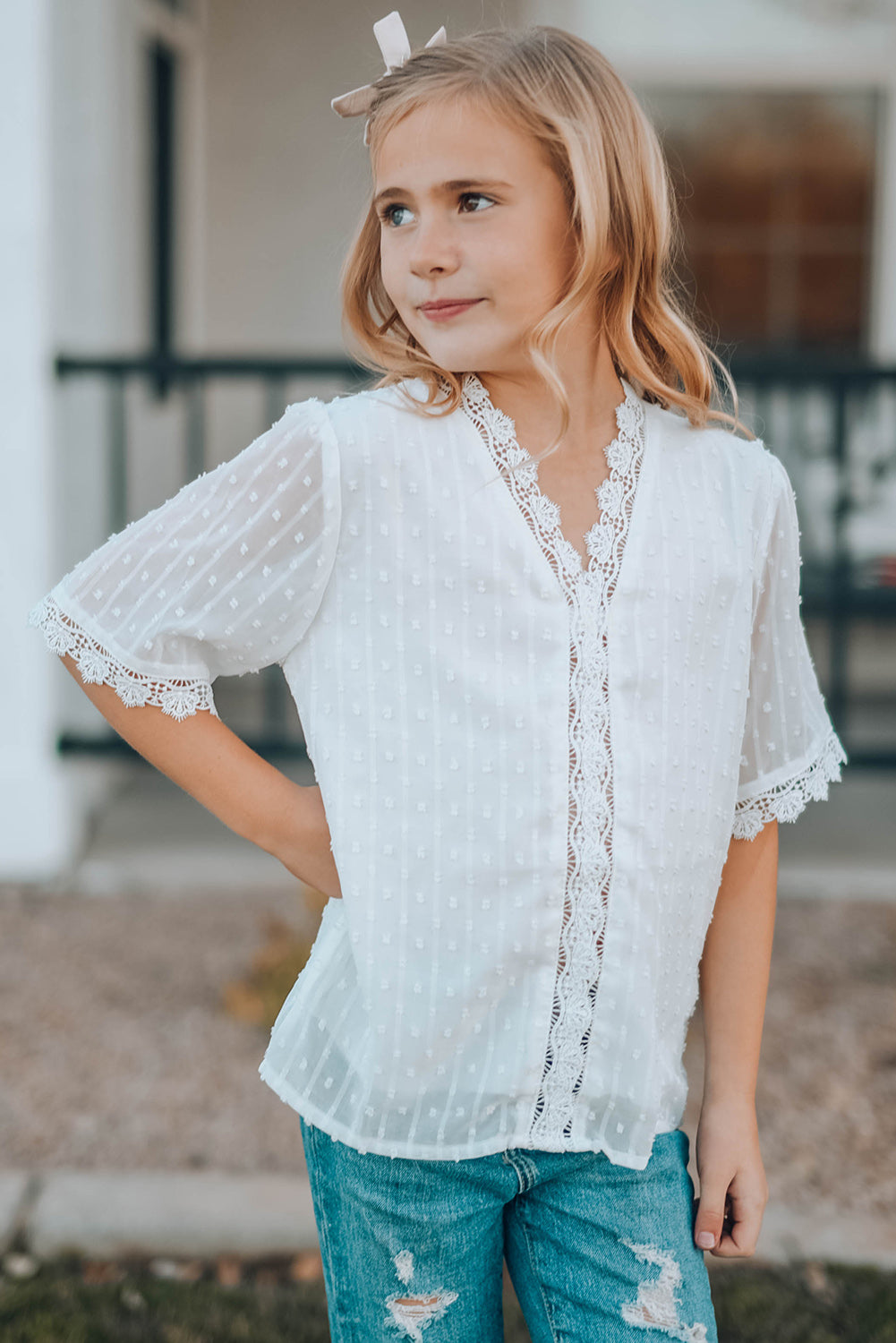 Sky Blue Swiss Dot Lace Short Sleeve Girls Top