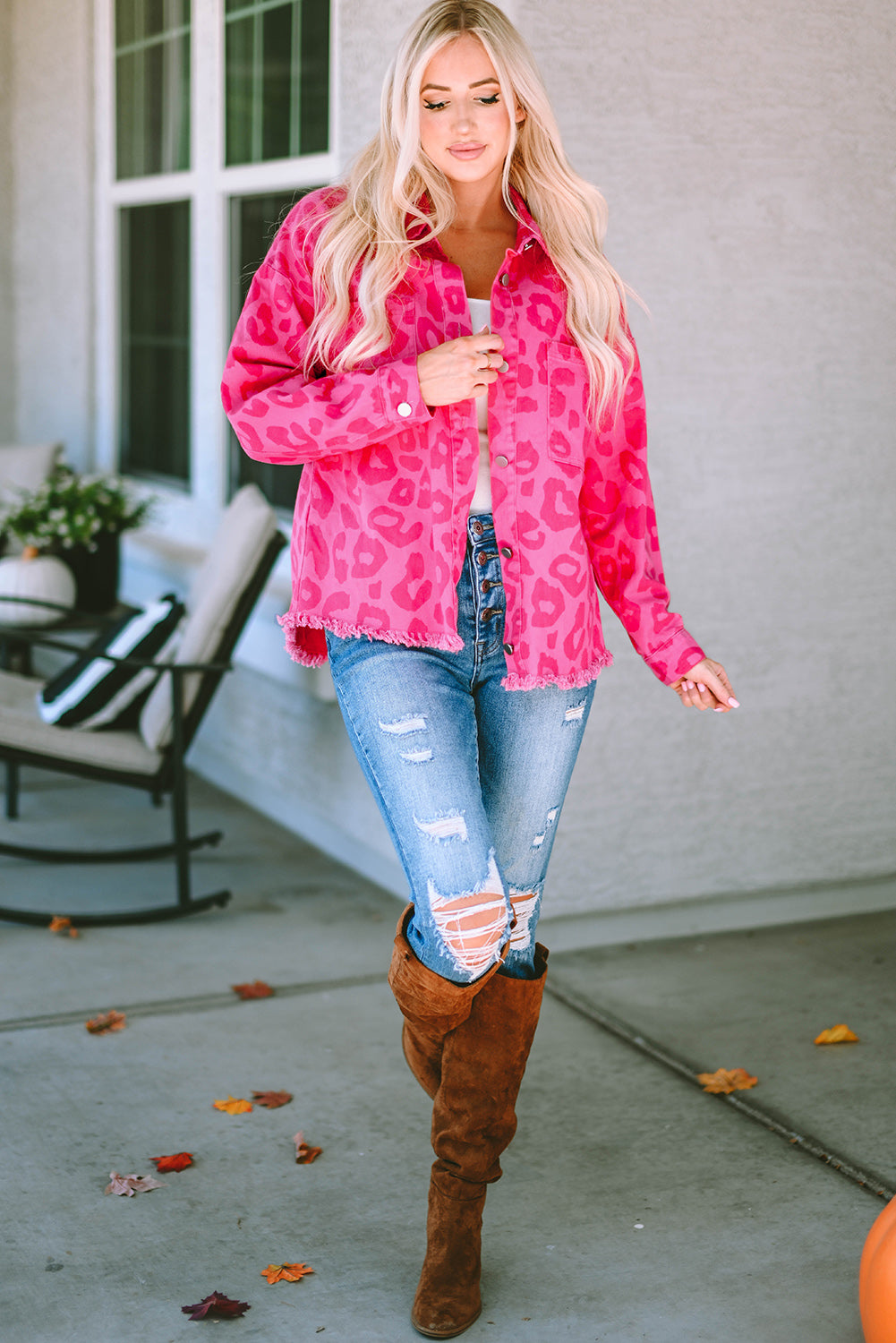 Leopard Print Button Cuffs Raw Hem Jacket