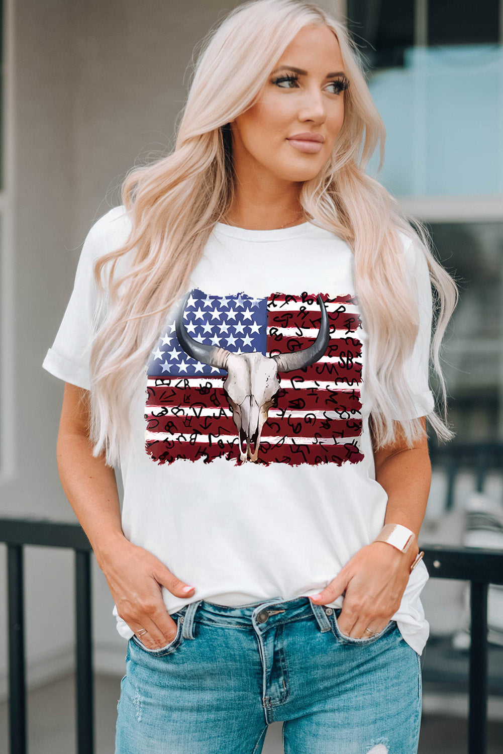 Bull Skull American Flag Graphic Tee