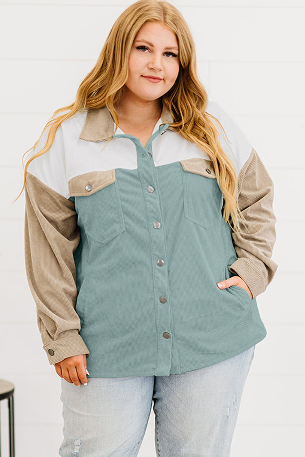 Multicolor Color Block Buttoned Pocket Corduroy Plus Size Jacket