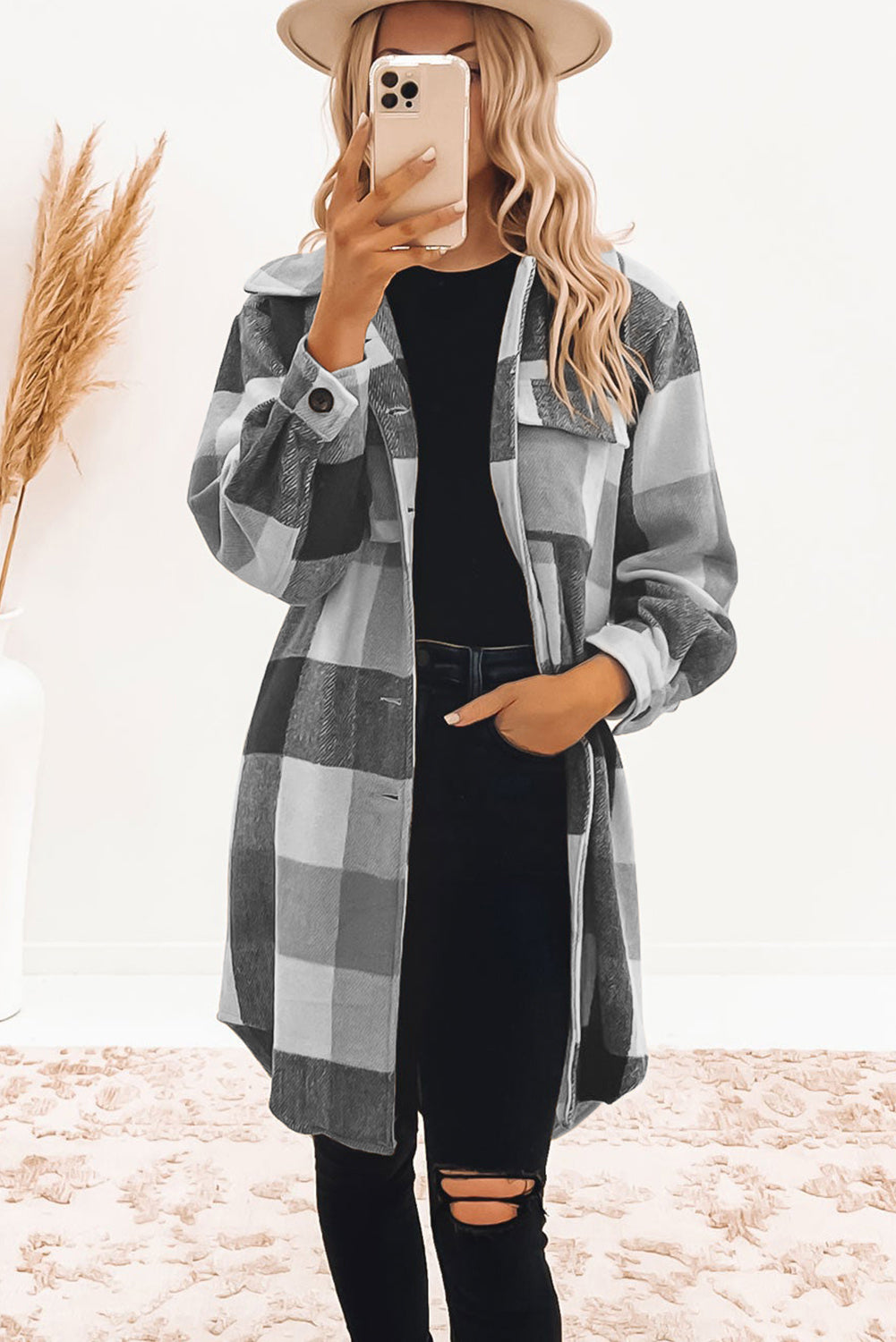 Chestnut Plaid Button-Down Flap Pocket Long Shacket