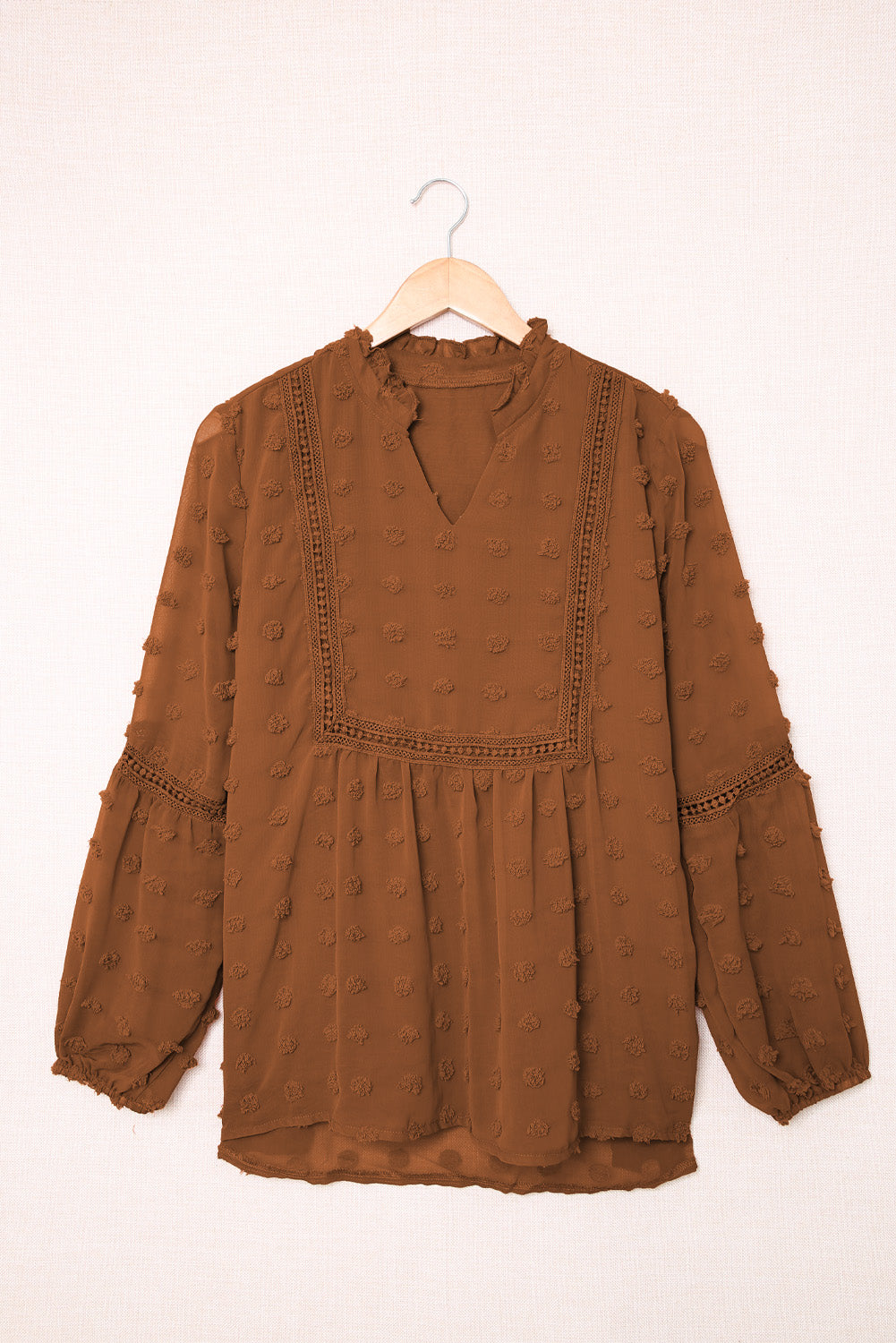 Black Swiss Dot Split Neck Ruffle Babydoll Blouse