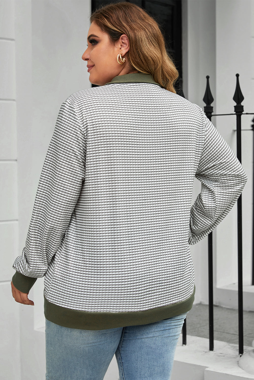 Green Striped Contrasting Trim plus Size Henley Pullover