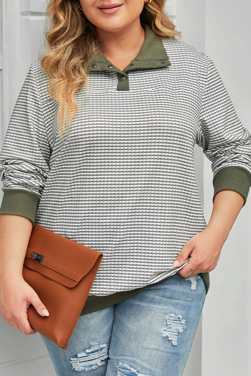 Green Striped Contrasting Trim plus Size Henley Pullover