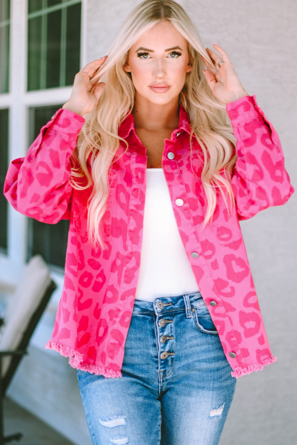Leopard Print Button Cuffs Raw Hem Jacket