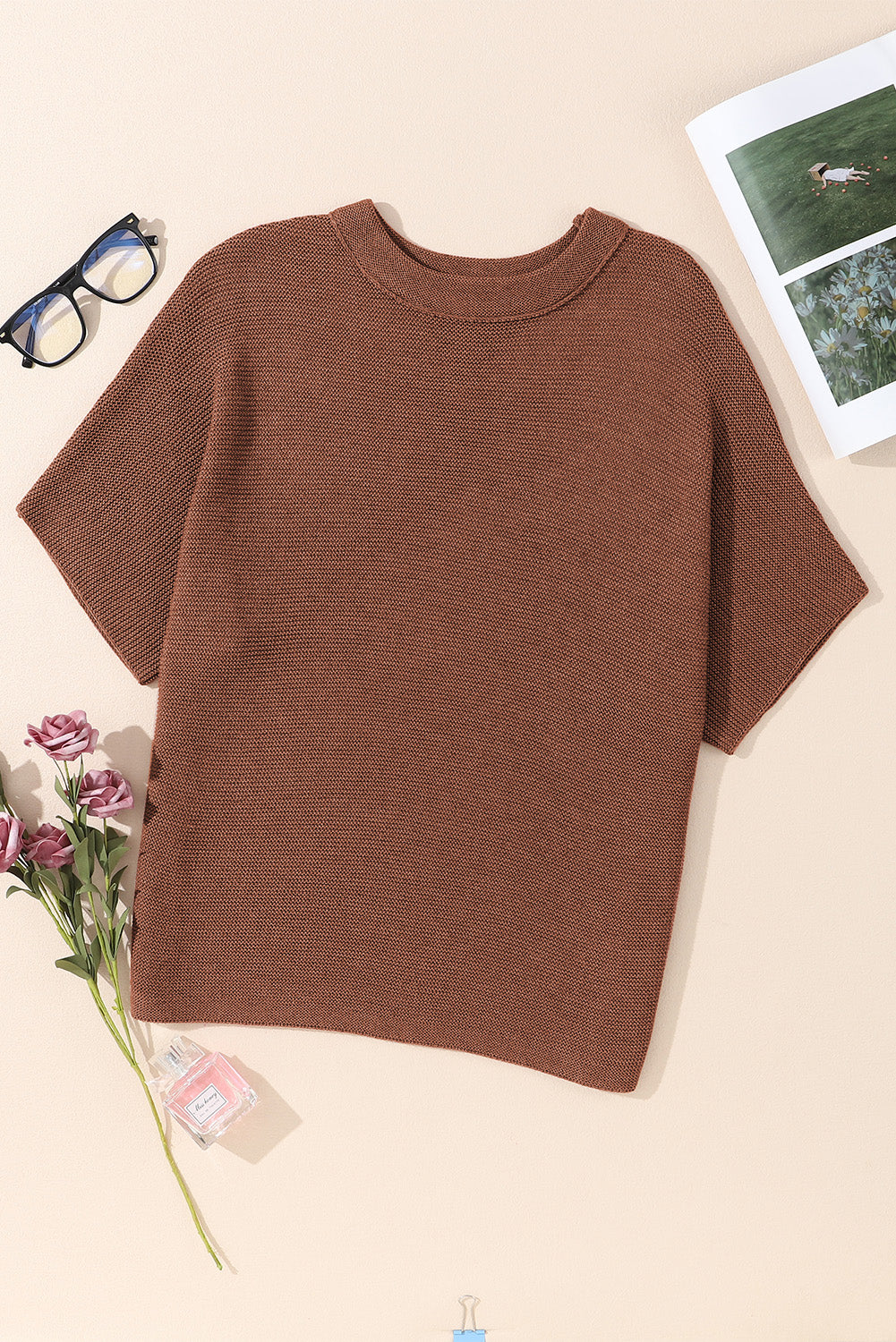 Apricot High Neck Short Bat Sleeve Sweater