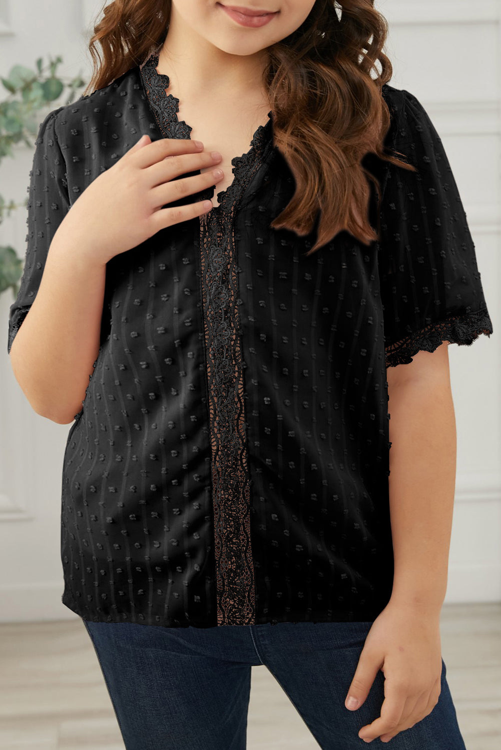 Sky Blue Swiss Dot Lace Short Sleeve Girls Top