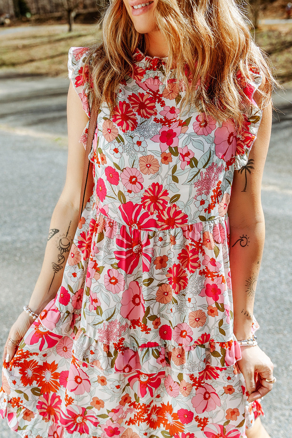 Purple White Ruffled Tank Floral Dress