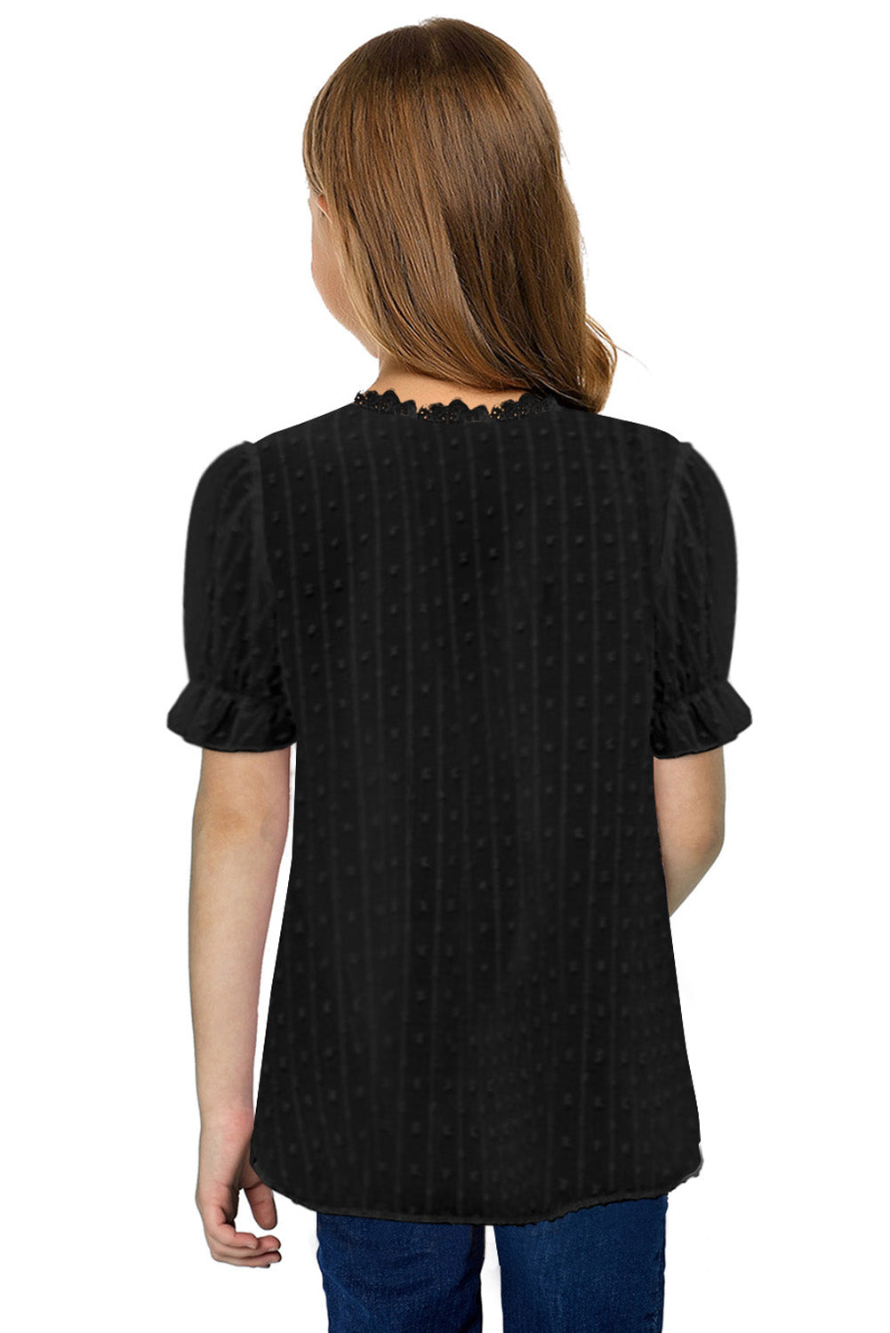 Sky Blue Swiss Dot Lace Short Sleeve Girls Top