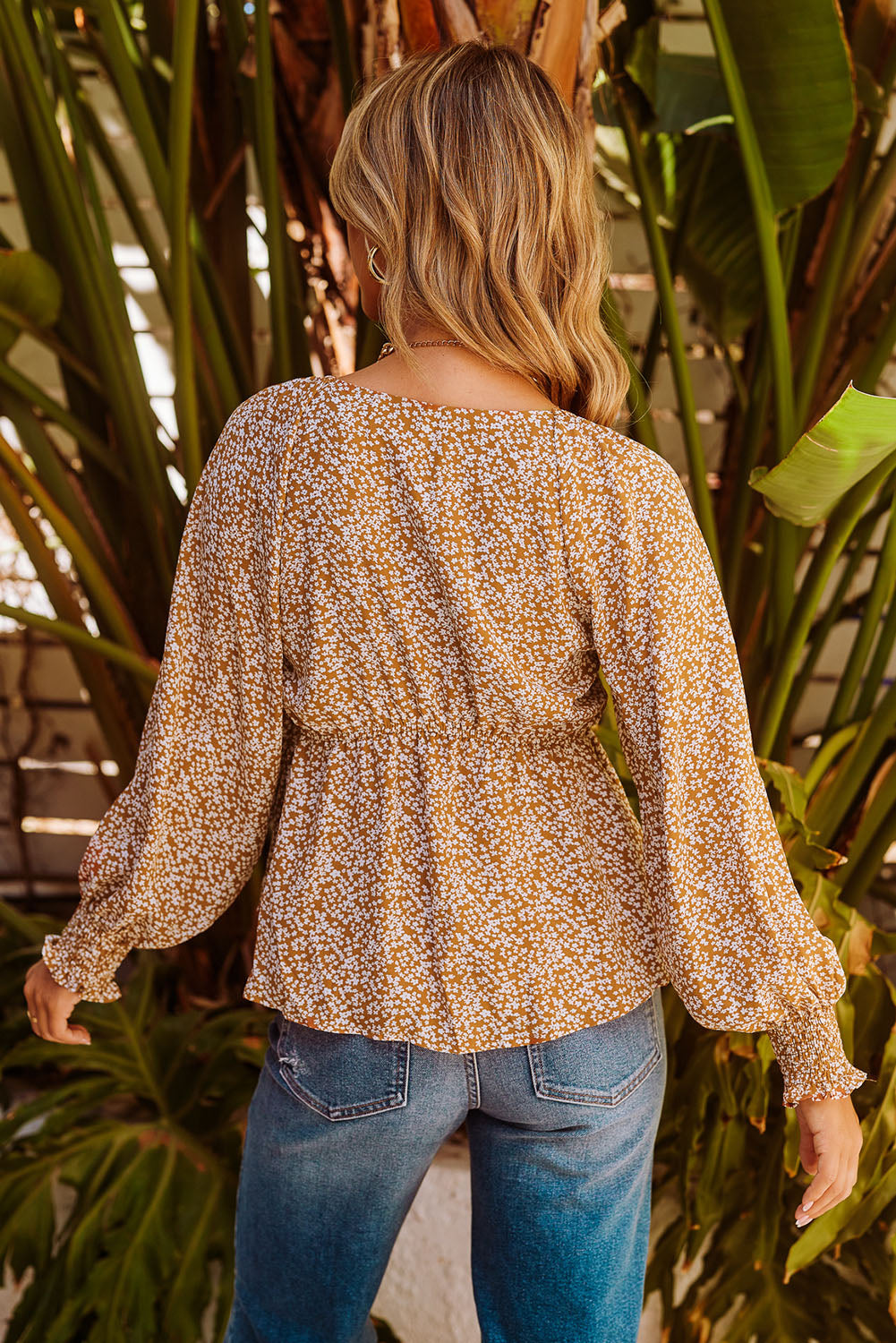 Bohemian Floral Print Front Tie Ruffled Long Sleeve Blouse