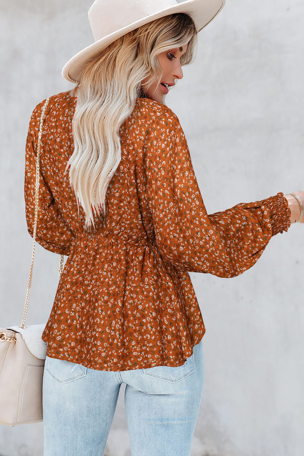 Bohemian Floral Print Front Tie Ruffled Long Sleeve Blouse