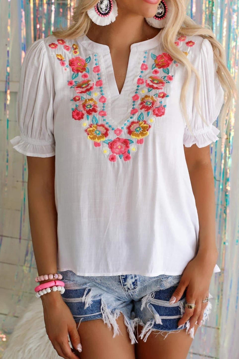 Black Floral Embroidered Ruffled Puff Sleeve Blouse