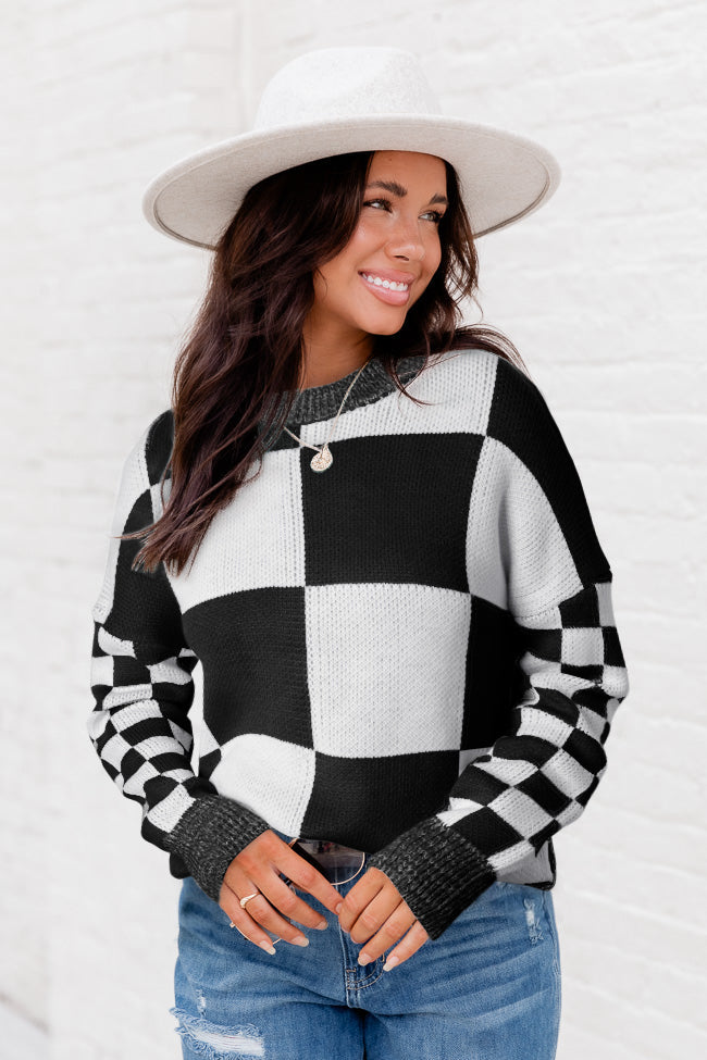 Black Checkered Print Drop Shoulder Sweater