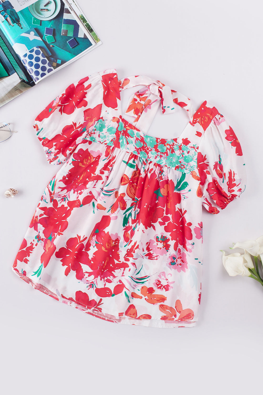 Red Floral Printed Square Neck Blouse