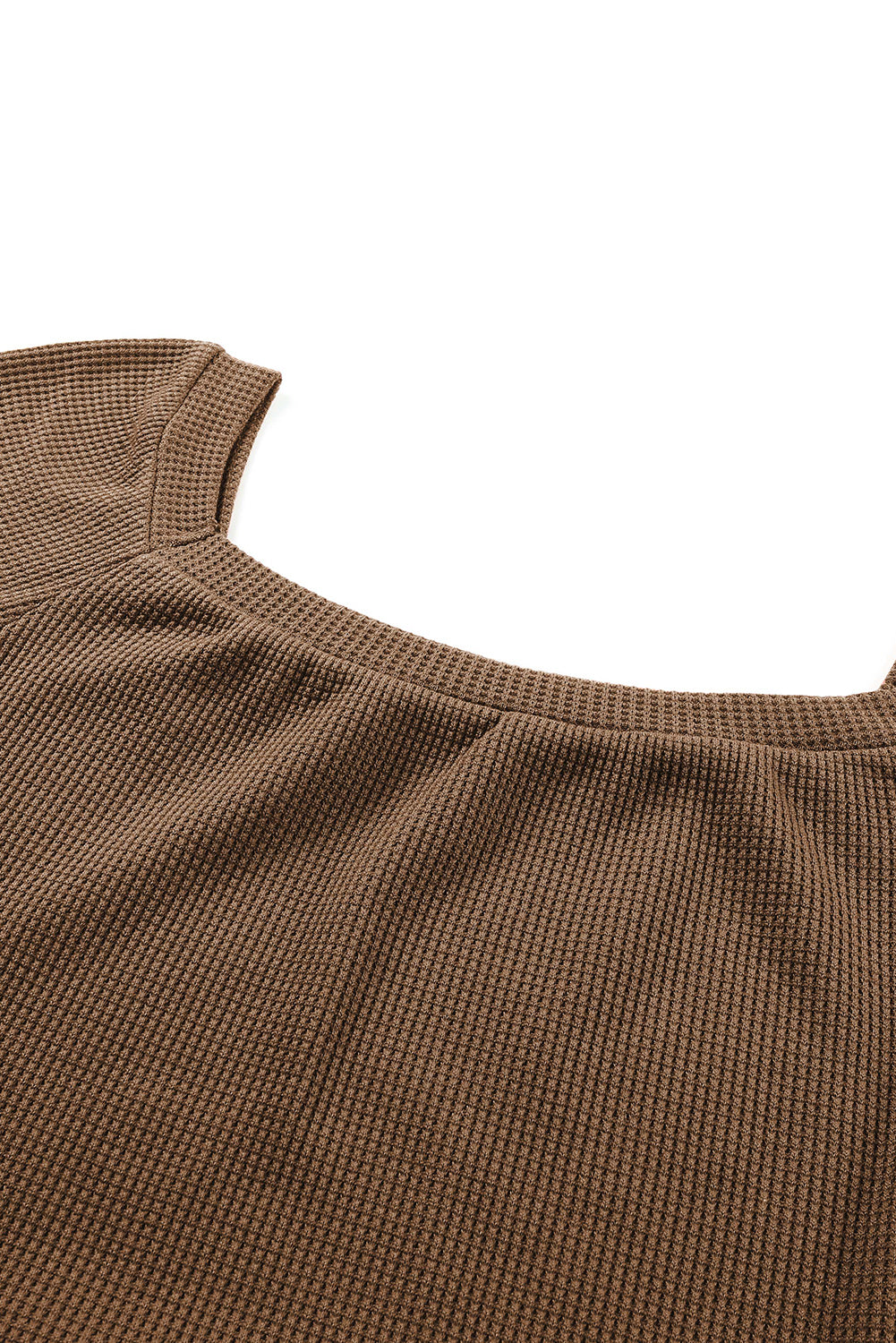 Brown Scoop Neck Puff Sleeve Waffle Knit Top