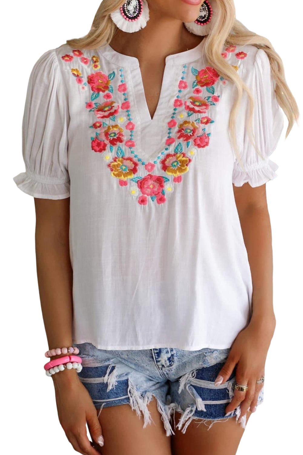 Black Floral Embroidered Ruffled Puff Sleeve Blouse