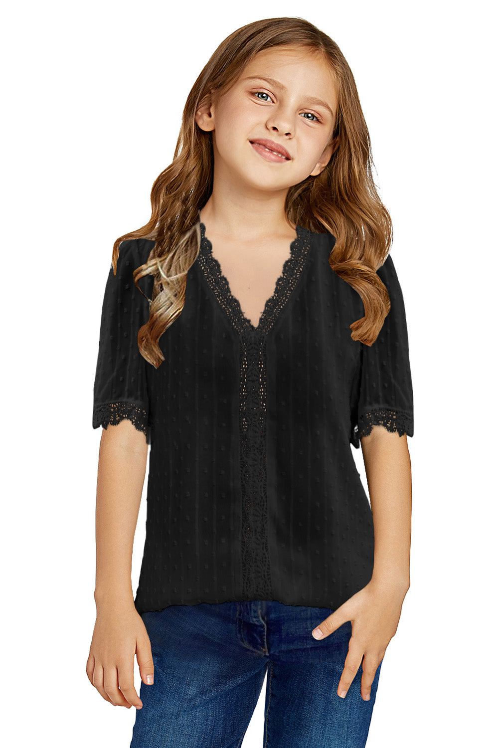 Sky Blue Swiss Dot Lace Short Sleeve Girls Top