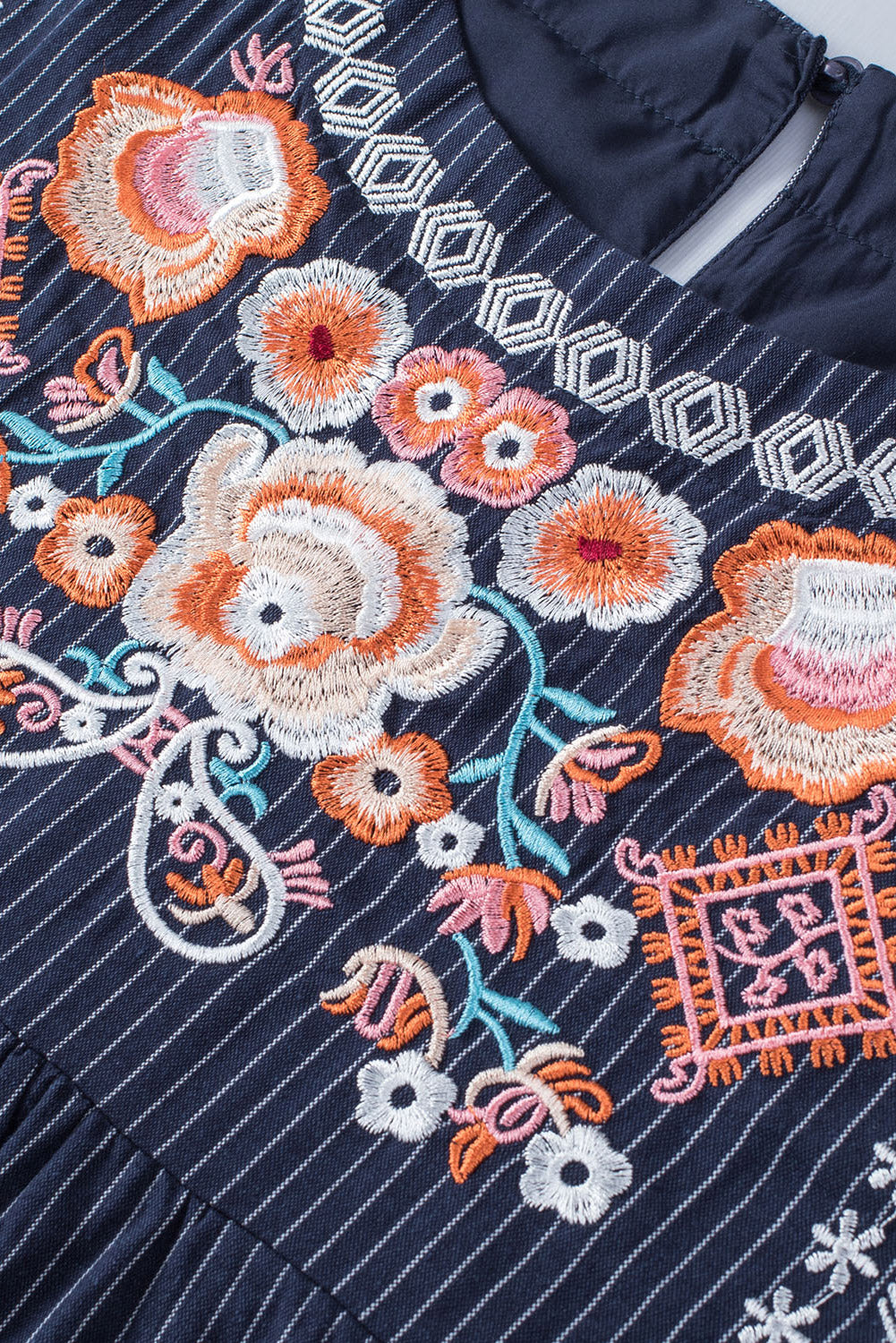 Gray Embroidered Striped Print Sleeveless Mini Dress