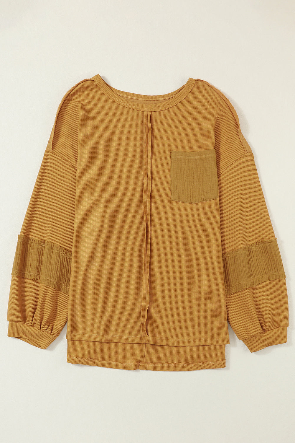 Pink Exposed Seam Patchwork Bubble Sleeve Waffle Knit Top