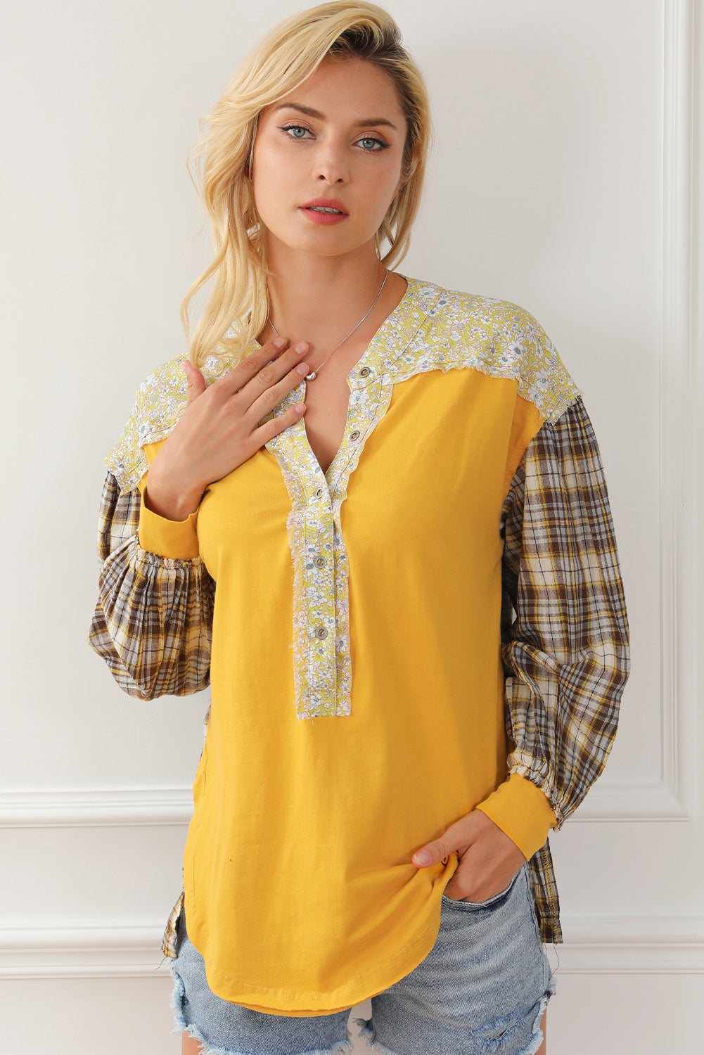 Yellow Floral Plaid Mixed Print Bishop Sleeve Patchwork Top
