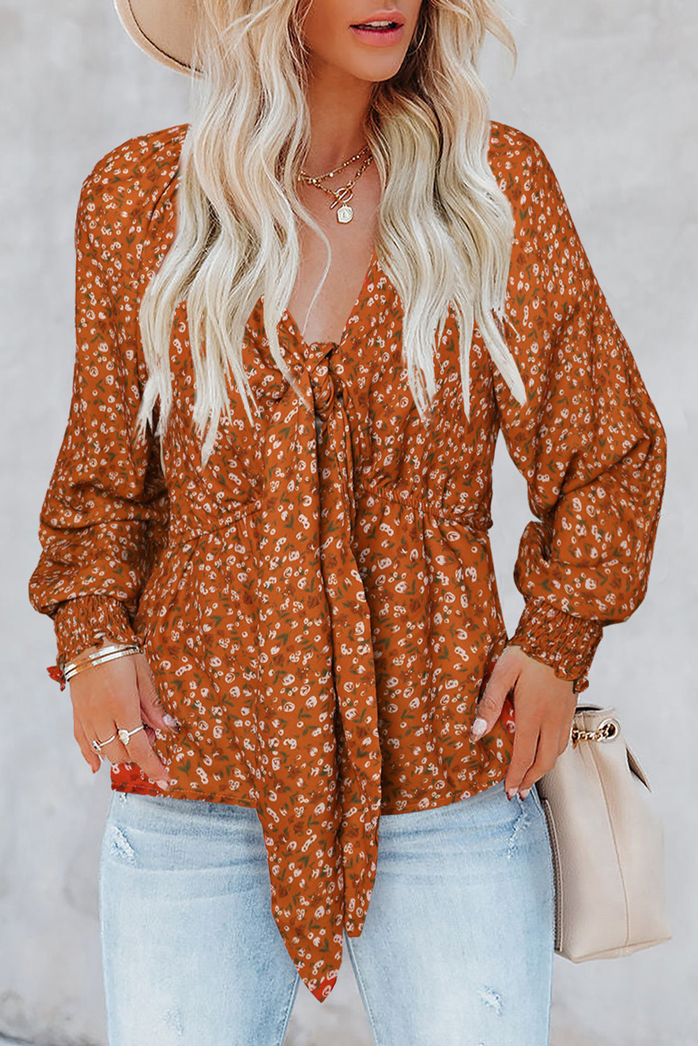 Bohemian Floral Print Front Tie Ruffled Long Sleeve Blouse