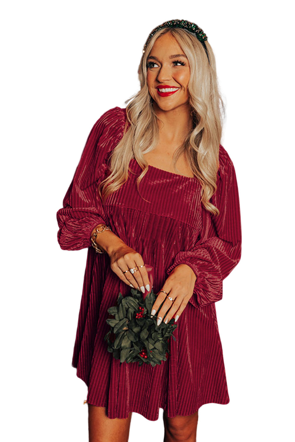 Green Tie Back Square Neck Velvet Babydoll Dress
