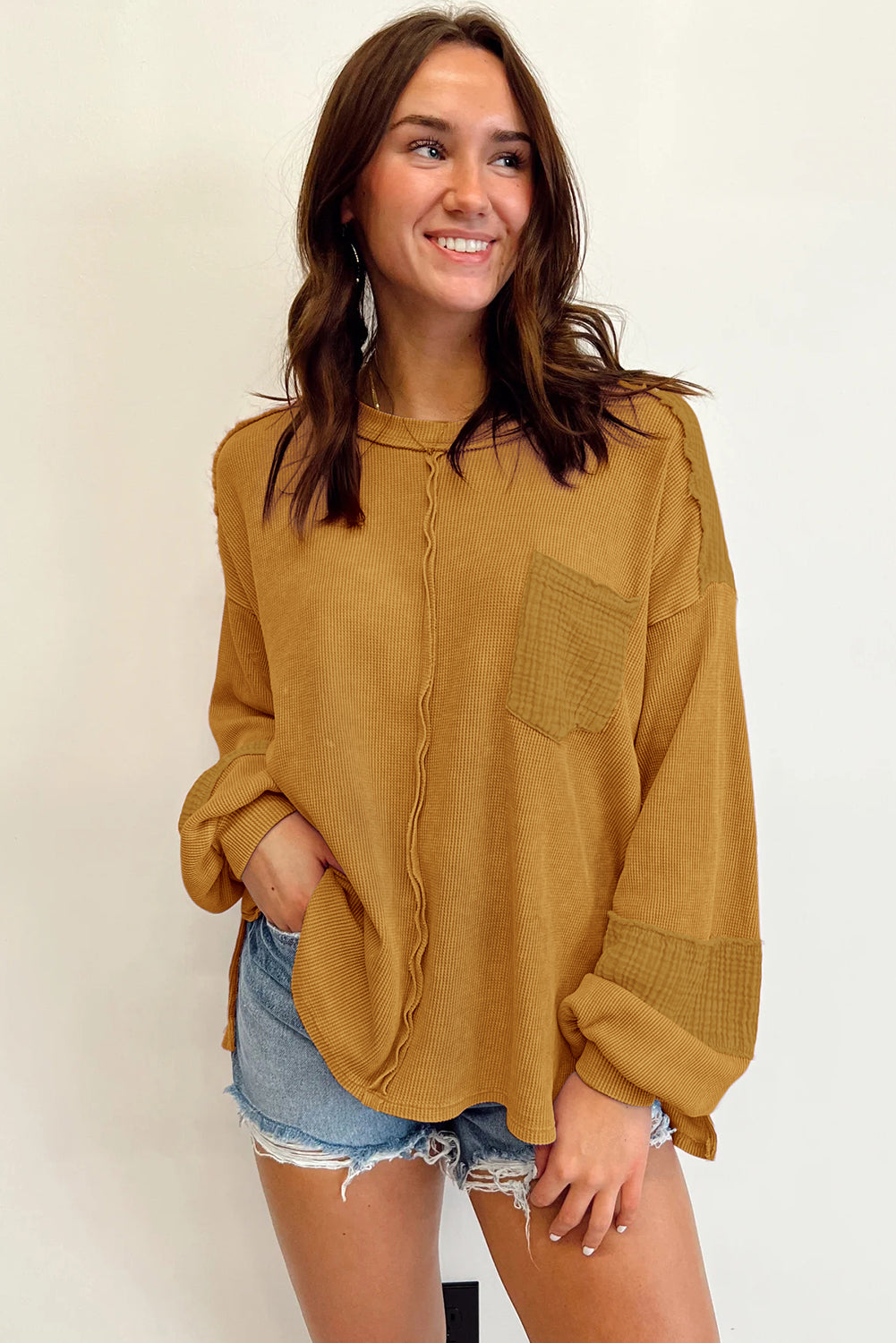 Pink Exposed Seam Patchwork Bubble Sleeve Waffle Knit Top