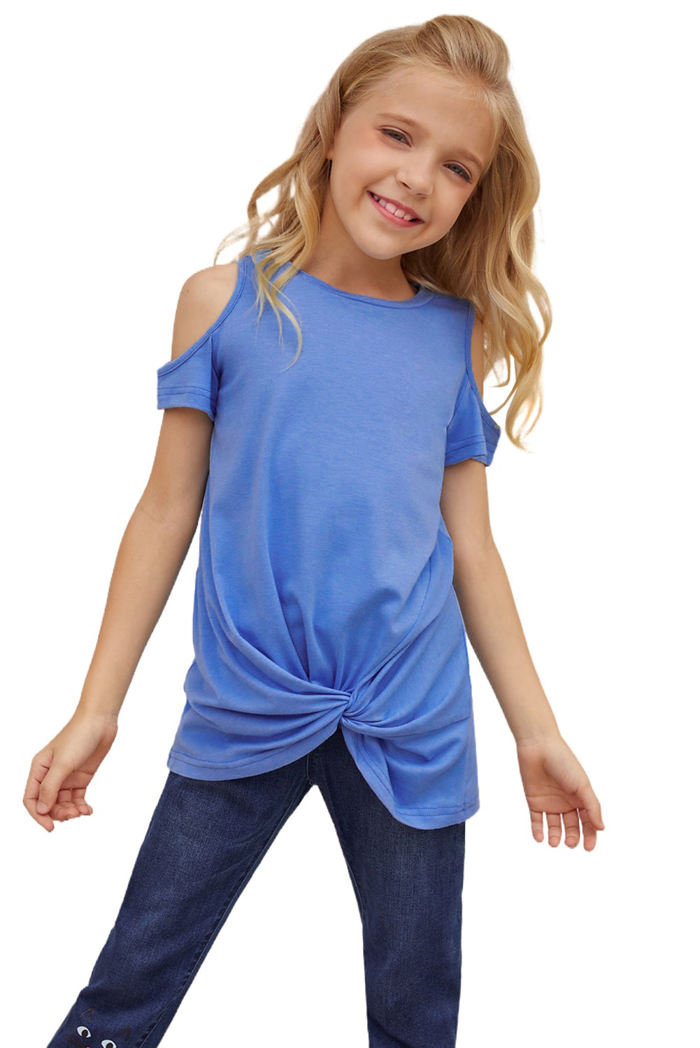 Black Cold Shoulder Twist Girls Short Sleeves Top