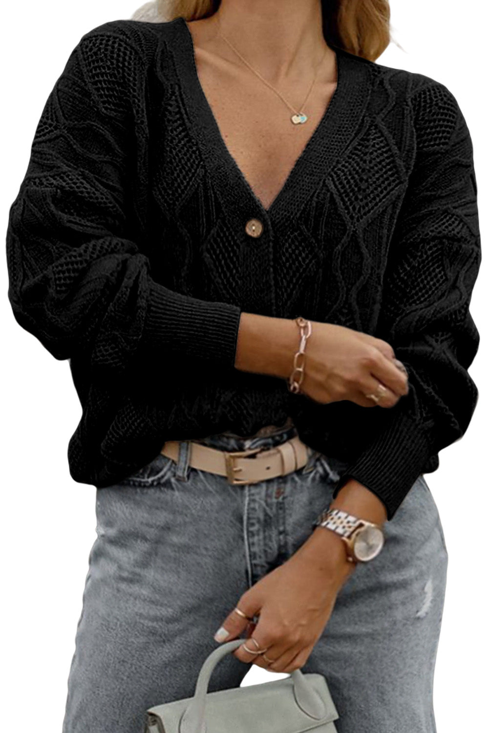 Apricot Plus Size Knitted Hollow out Button up Cardigan