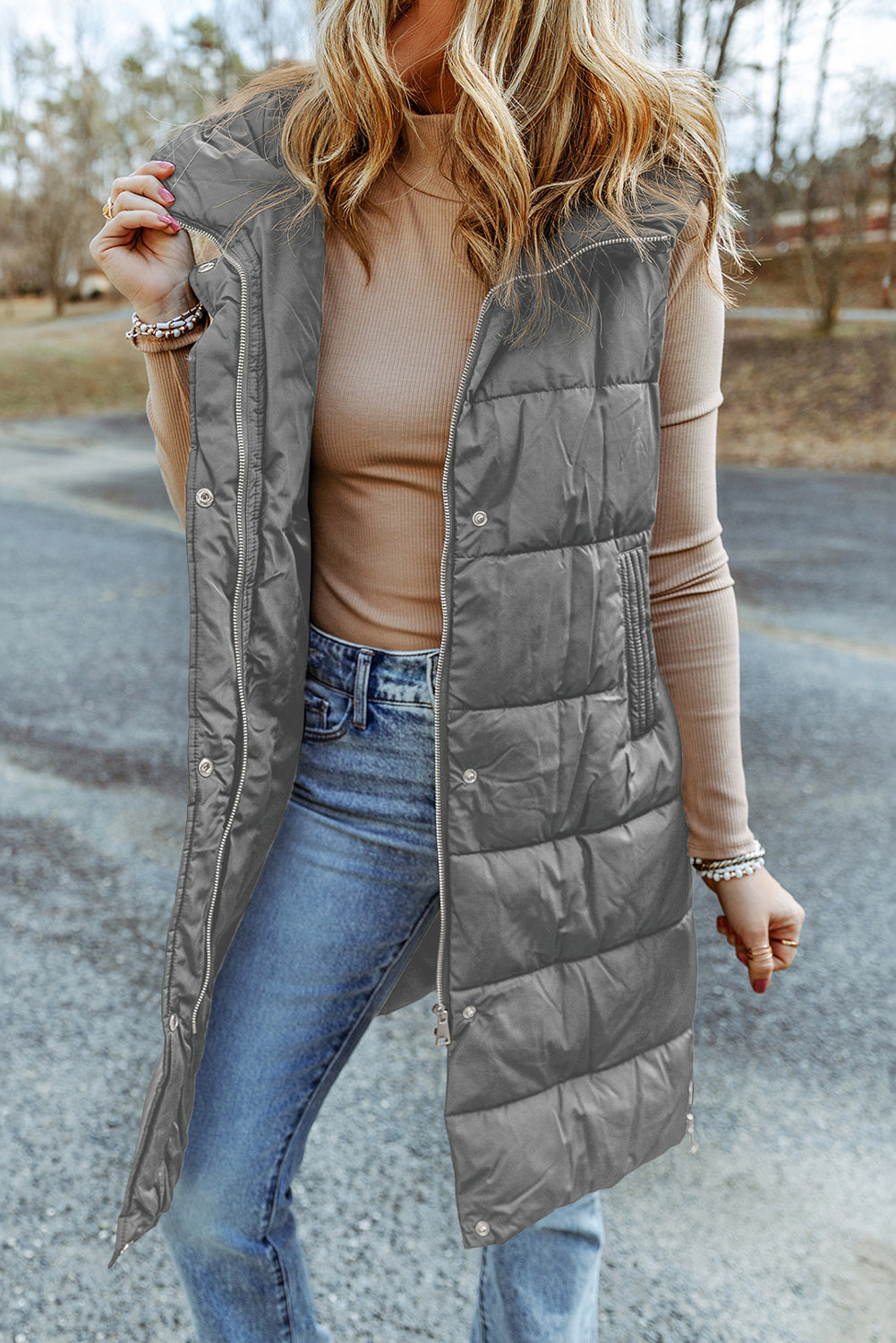 Chestnut Hooded Long Quilted Vest Coat