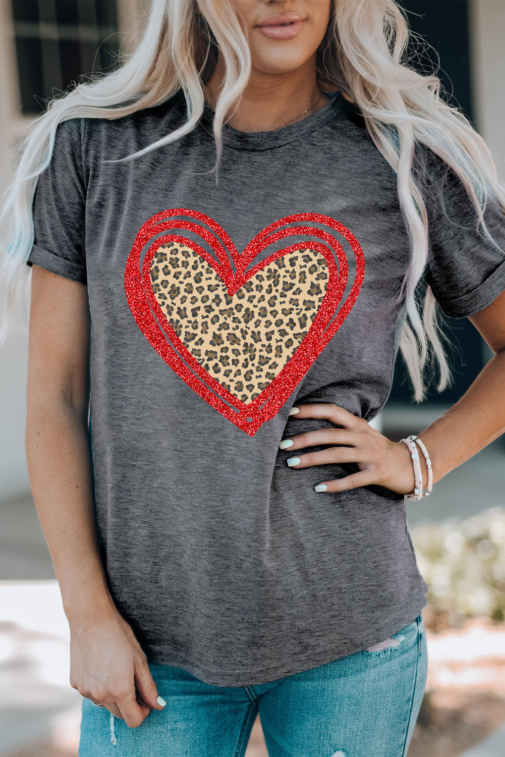 Sequin Leopard Heart Graphic T-shirt