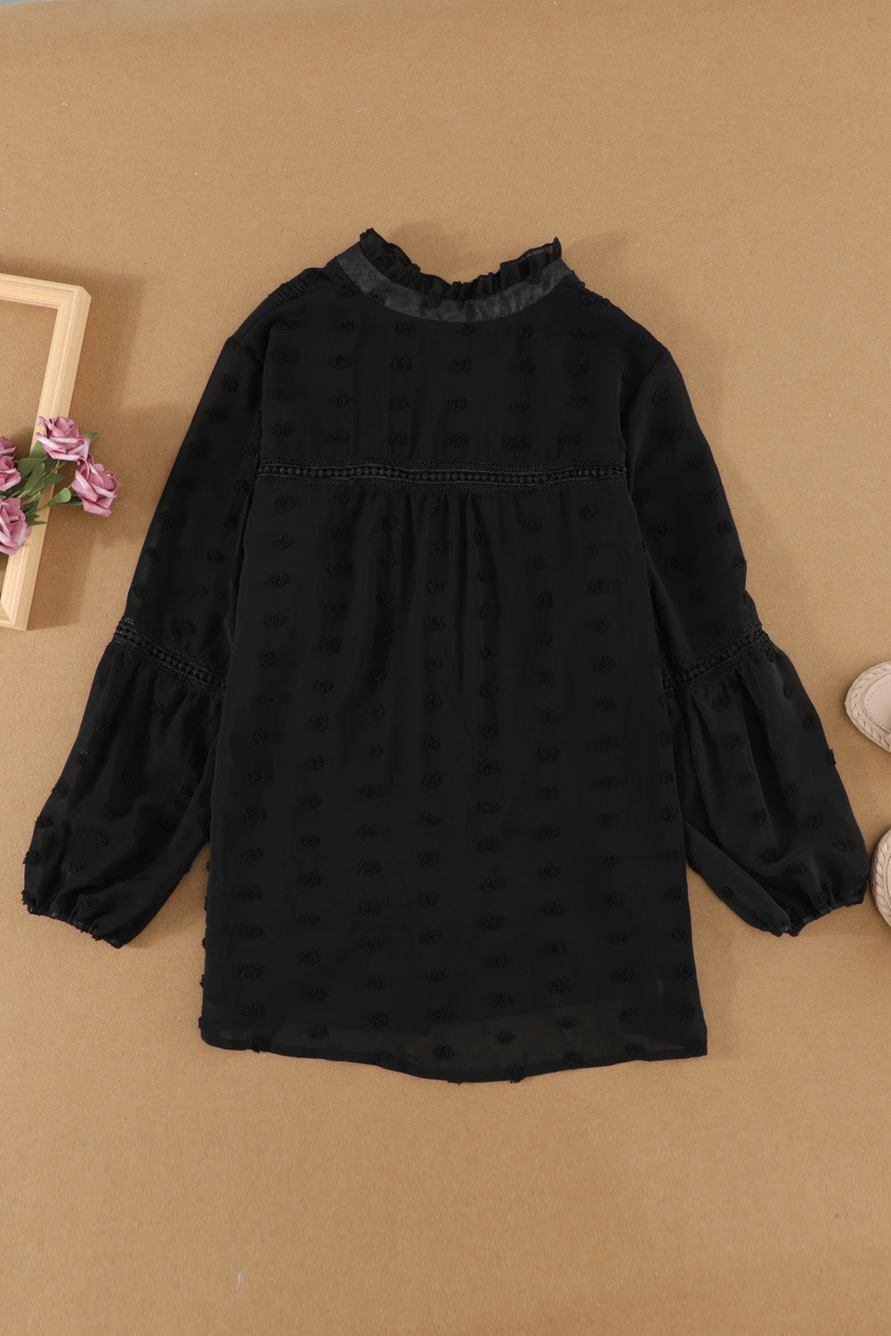 Black Swiss Dot Split Neck Ruffle Babydoll Blouse