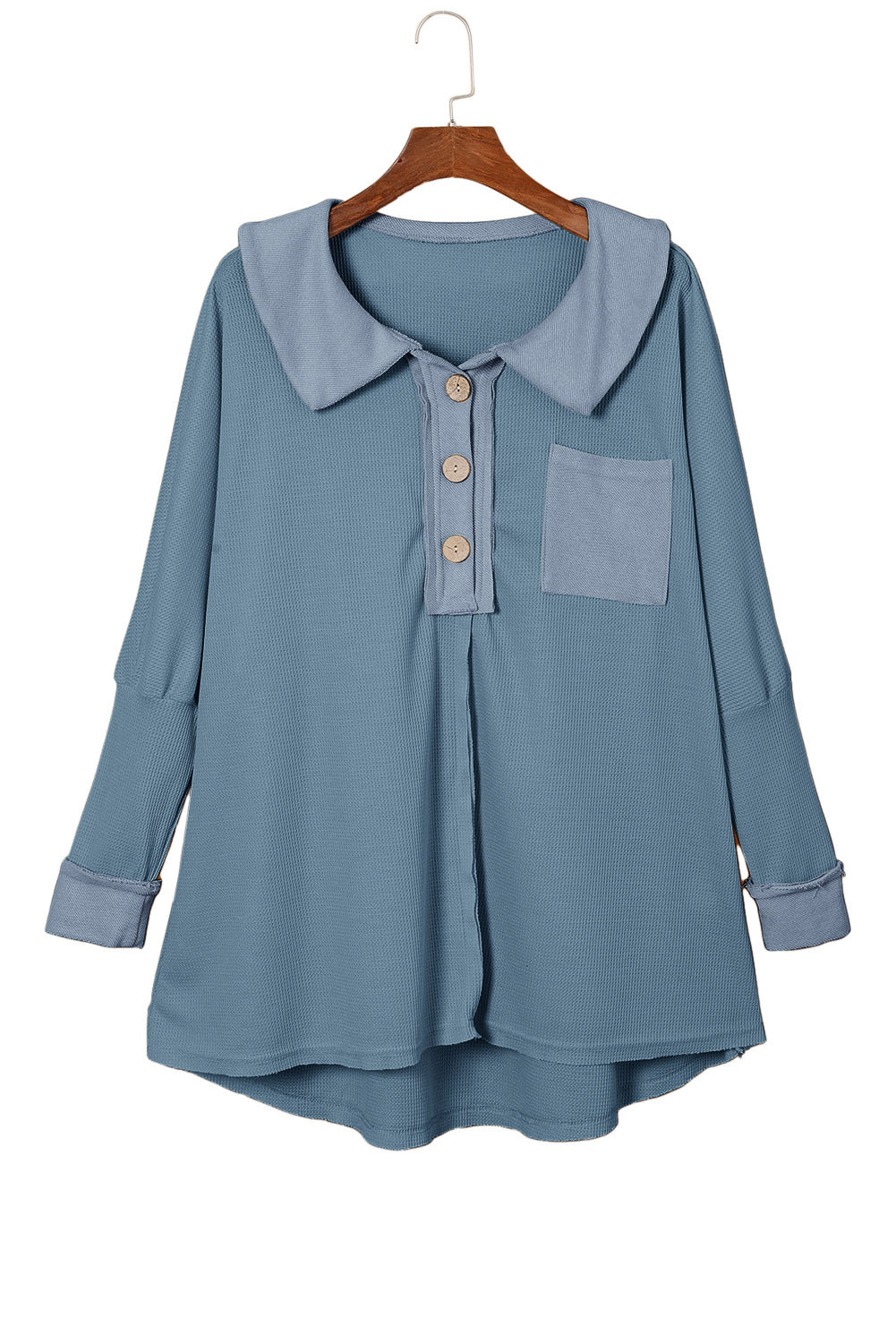 Black Waffle Knit Buttoned Long Sleeve Top