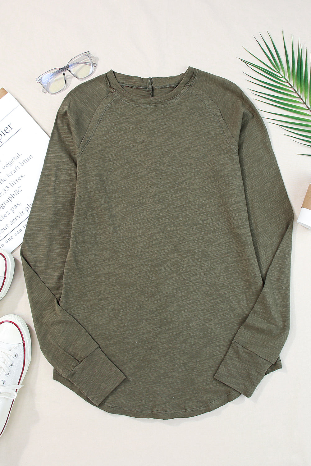 Red Solid Crew Neck Long Sleeve Top