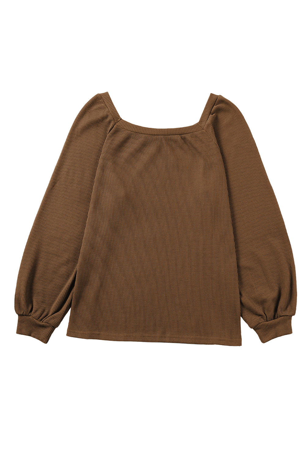 Brown Scoop Neck Puff Sleeve Waffle Knit Top