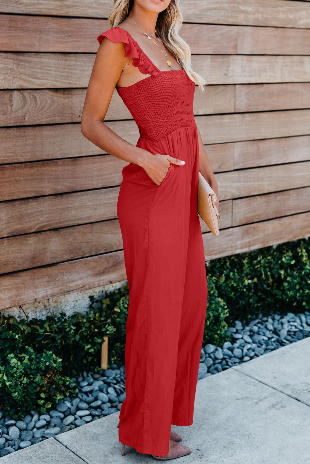 Blue Flutter Sleeve Smocked Wide Leg Jumpsuit