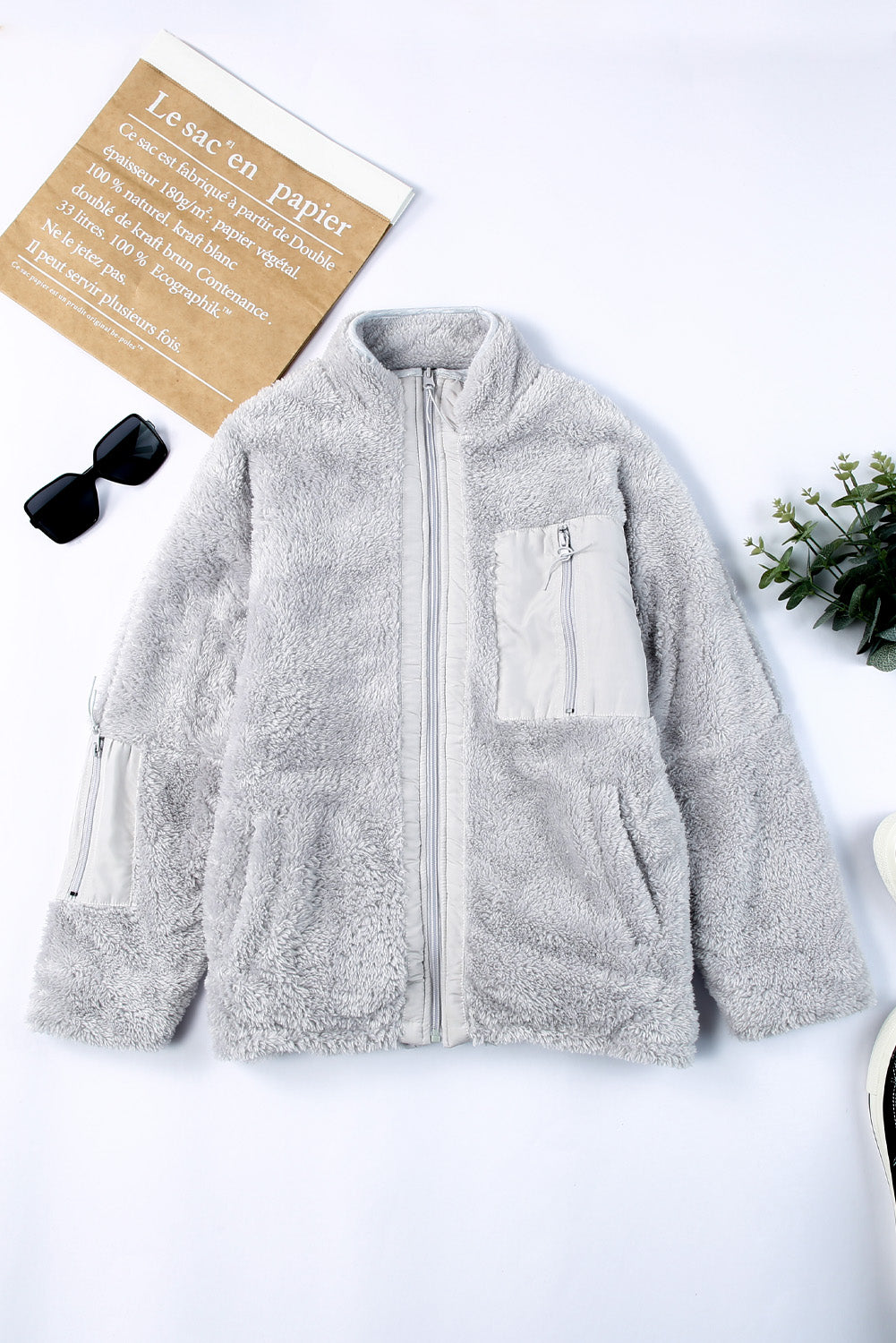Gray Zip Up Sherpa Coat with Pocket