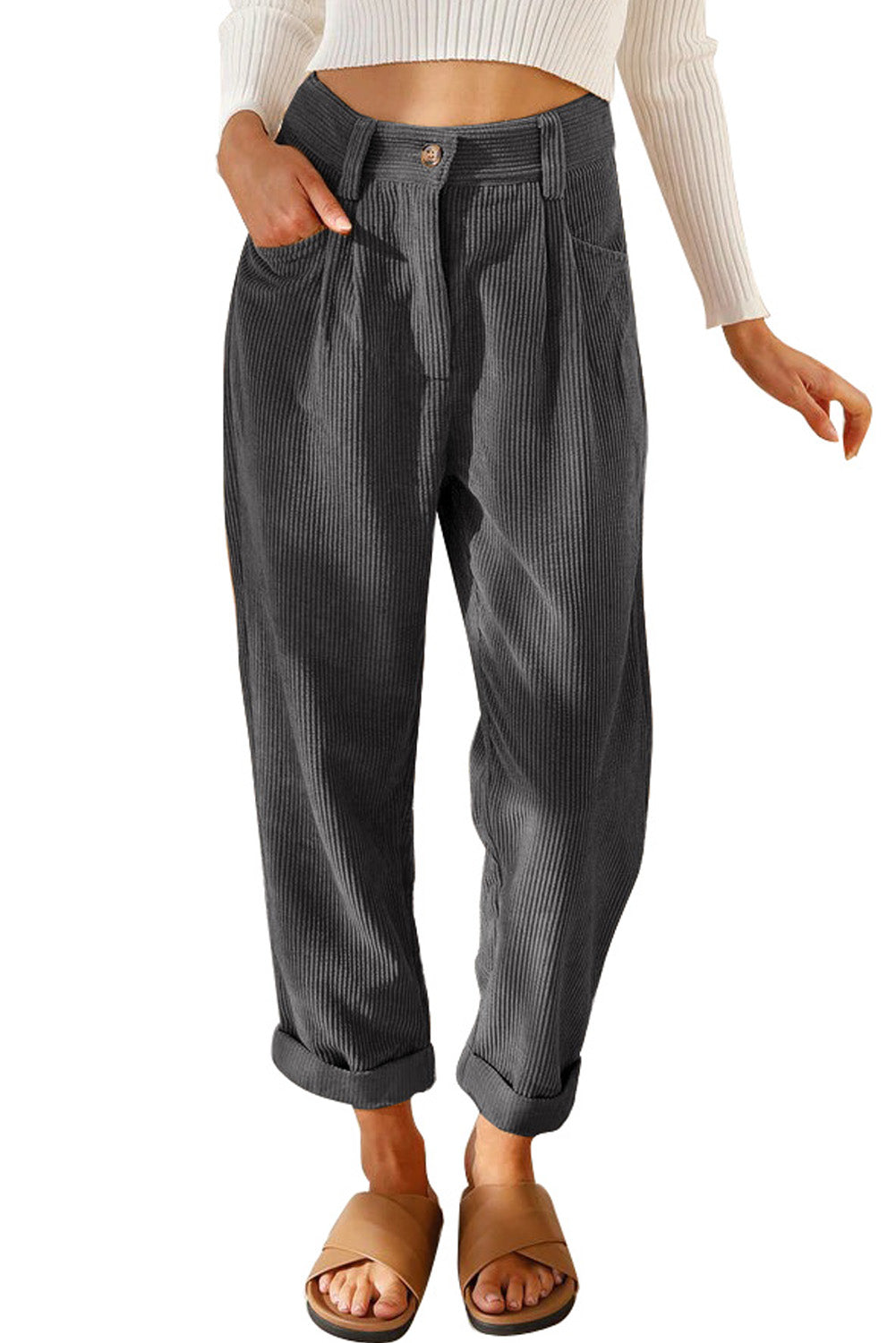 Beige Corduroy High Waist Straight Leg Pants