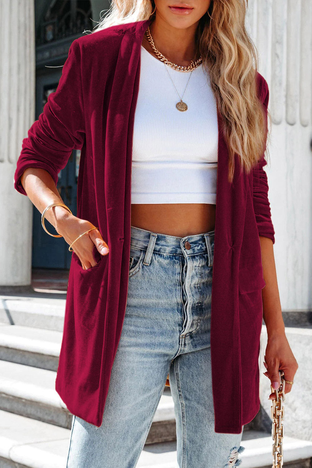 Green Casual Pocketed Velvet Blazer