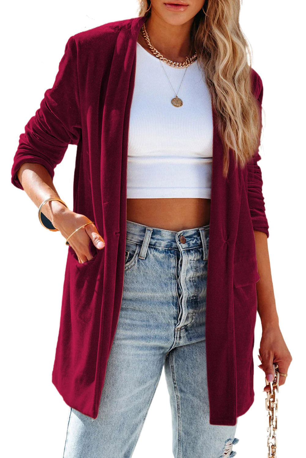 Green Casual Pocketed Velvet Blazer