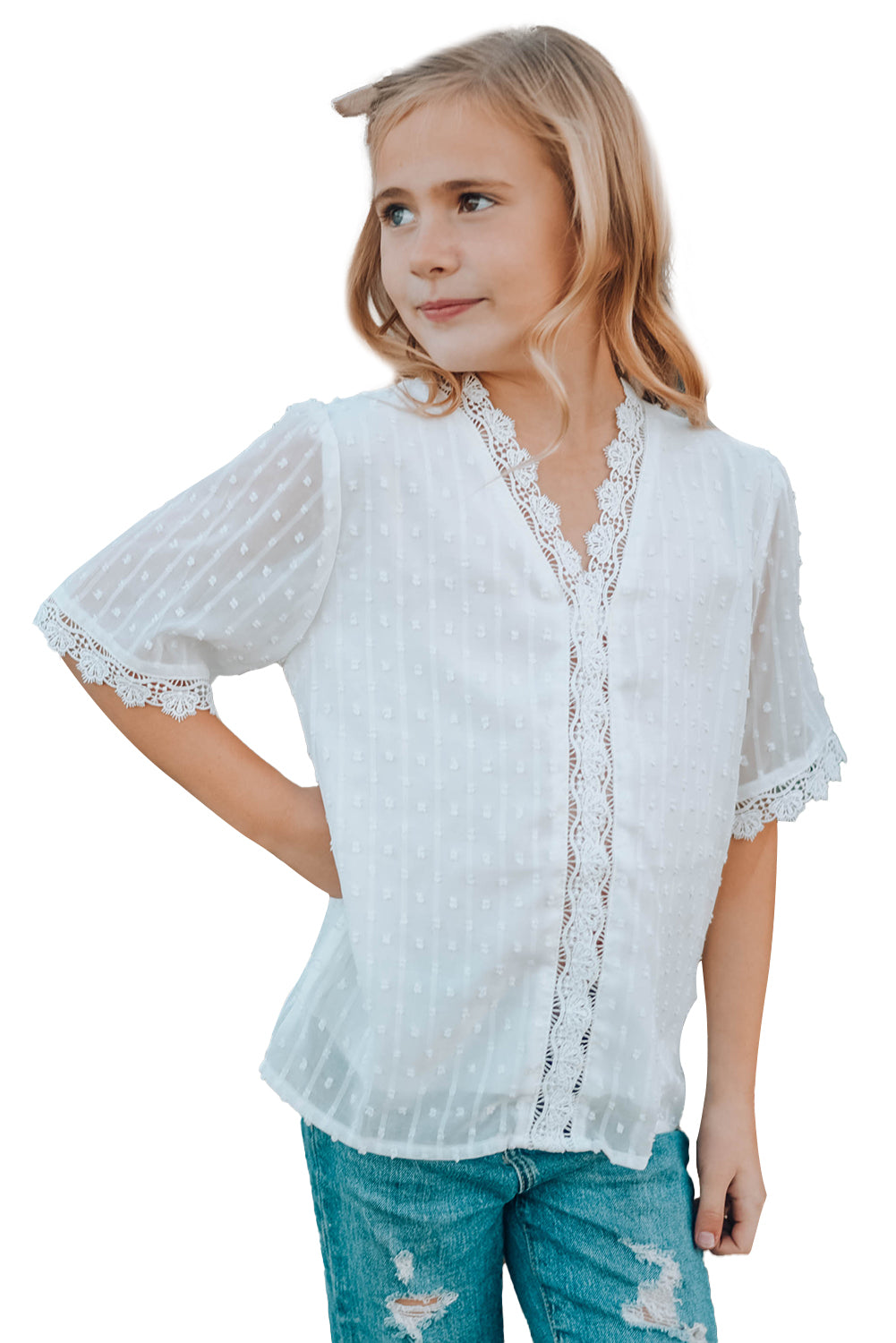 Sky Blue Swiss Dot Lace Short Sleeve Girls Top