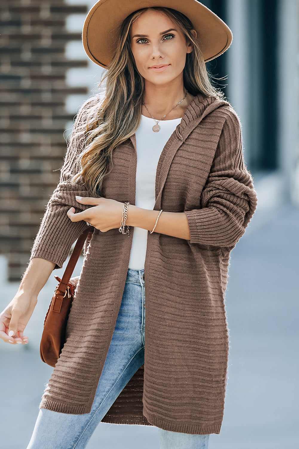 Gray Horizontal Rib Knitted Open Front Hooded Cardigan