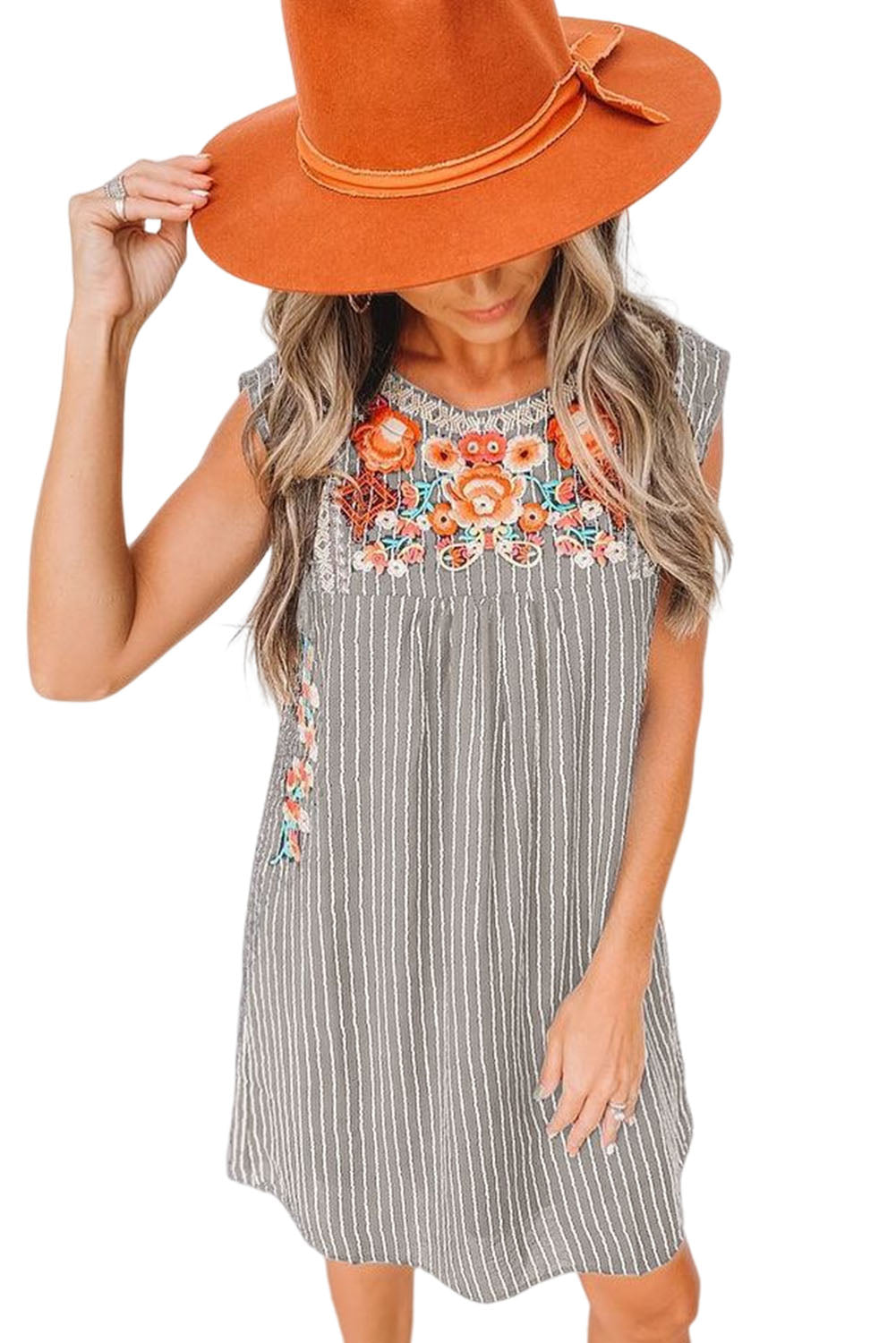 Gray Embroidered Striped Print Sleeveless Mini Dress