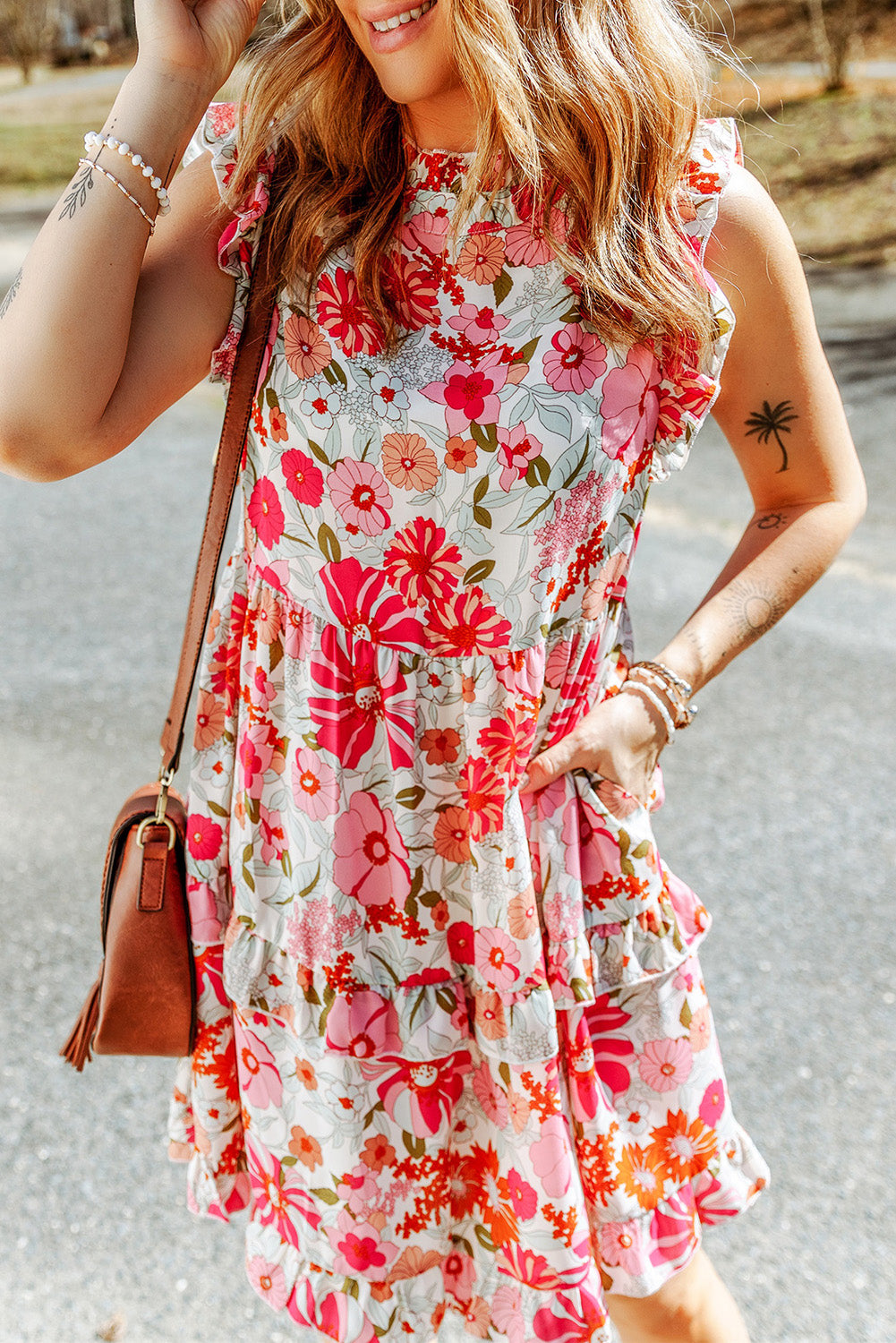 Purple White Ruffled Tank Floral Dress