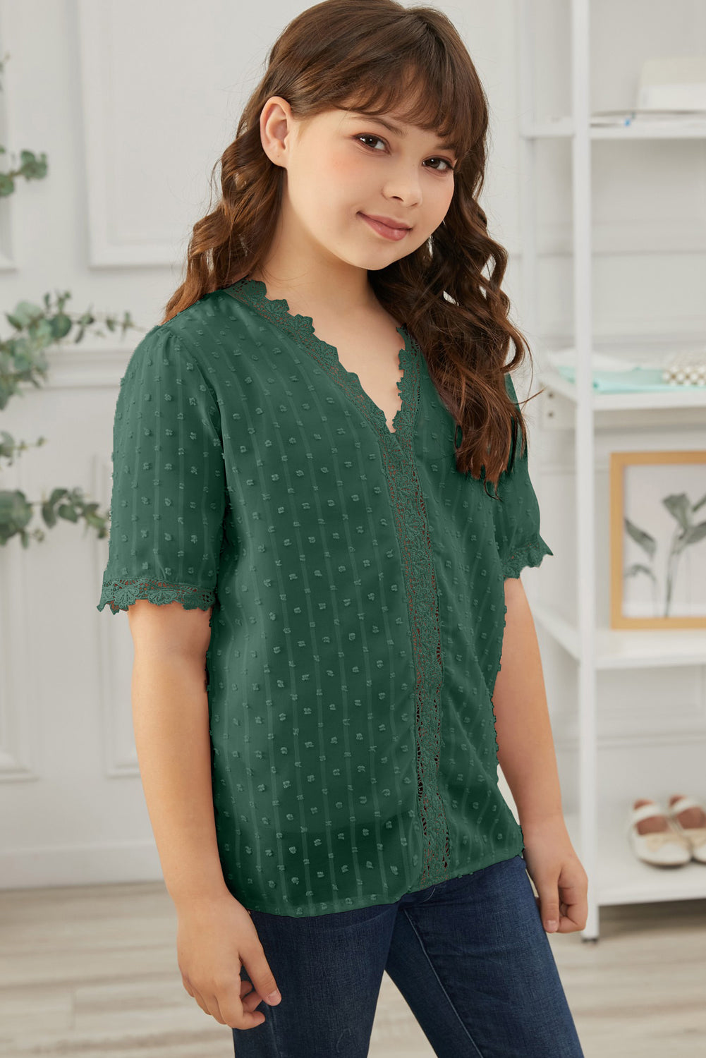 Sky Blue Swiss Dot Lace Short Sleeve Girls Top