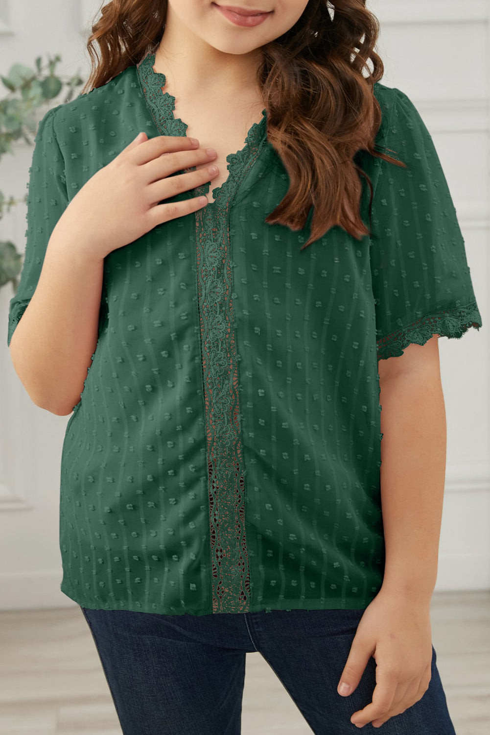 Sky Blue Swiss Dot Lace Short Sleeve Girls Top