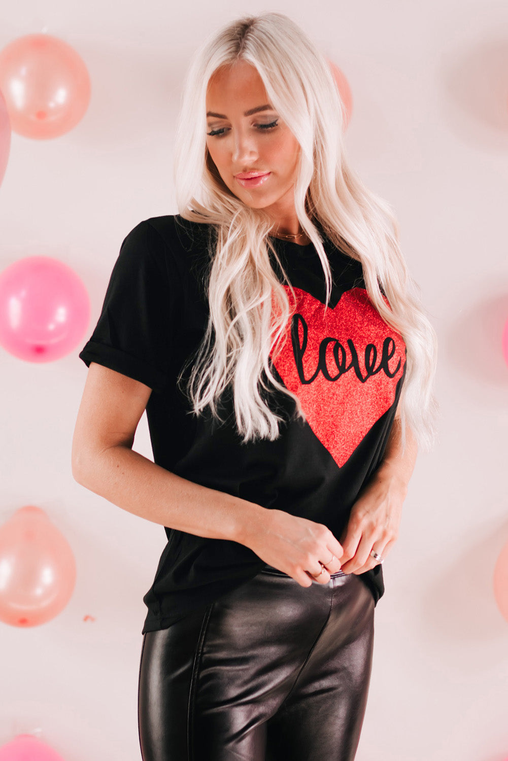 Love Heart Shaped Glitter Print Short Sleeve T Shirt